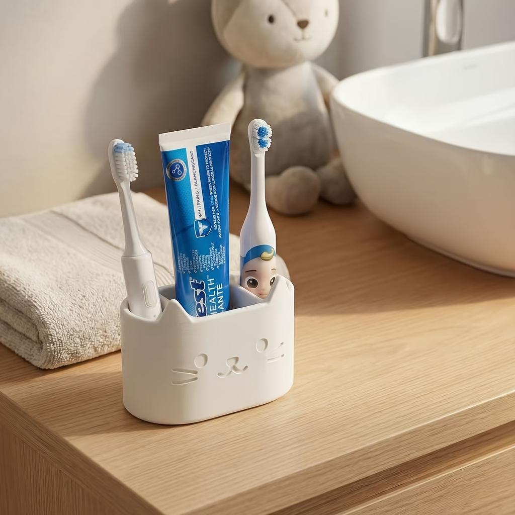 1pc Cat-Themed Three-Hole Self-Draining Toothbrush Holder, Desktop Storage Organizer For Cosmetics, Facial Cleanser