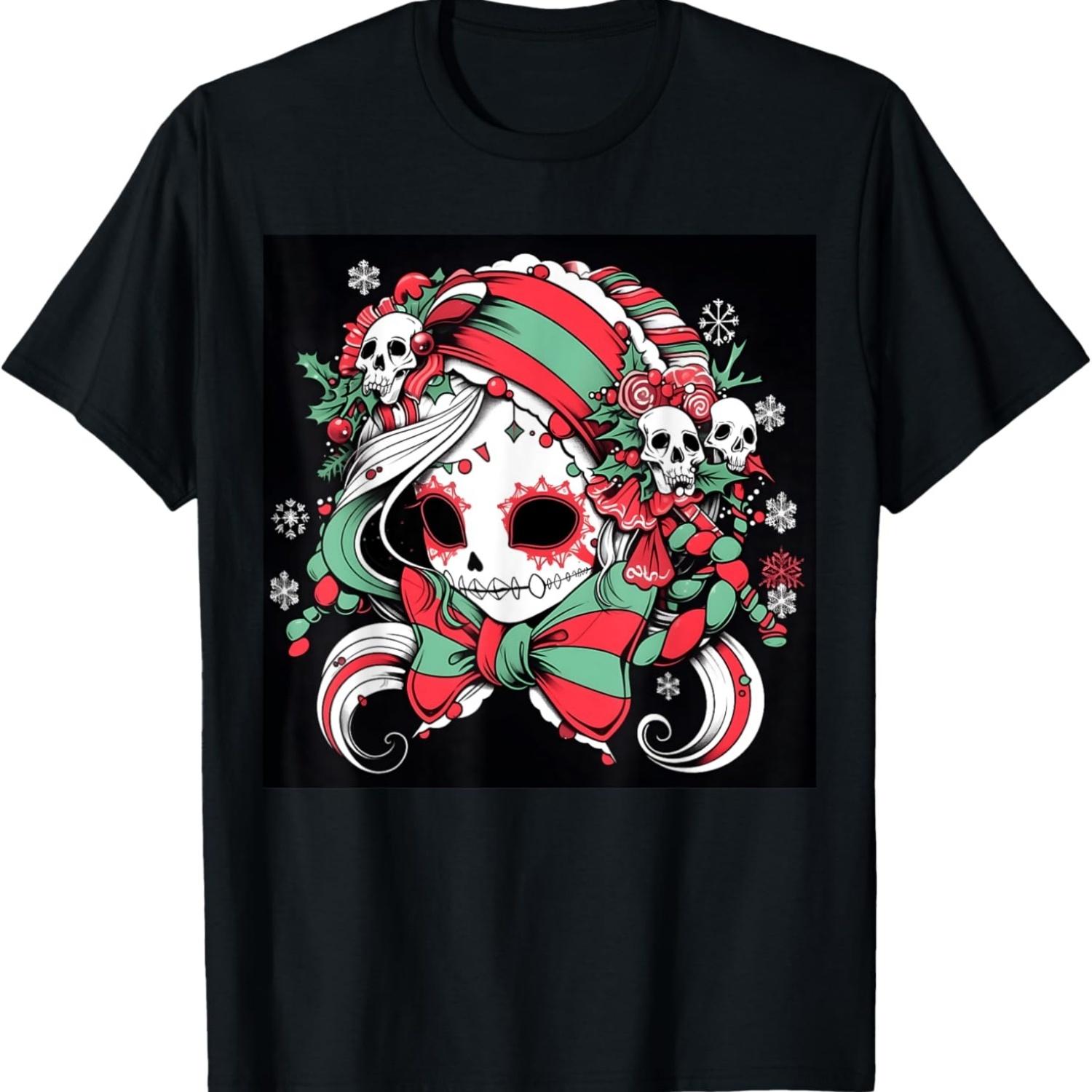 

Festive Playfulness_ Christmas Skull Candy Cane Graphic T-Shirt S чёрный