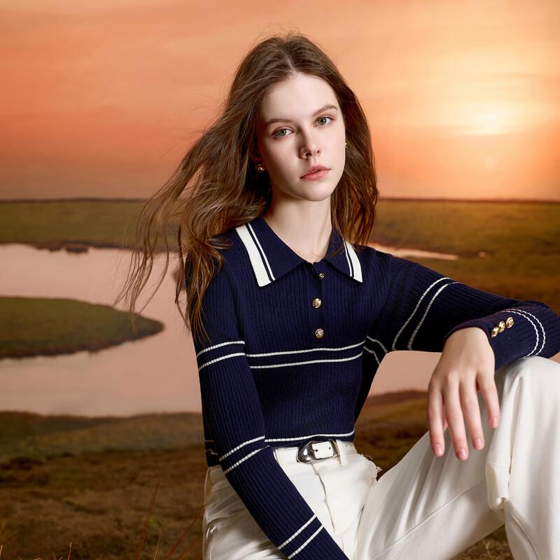 

3TREES Women s Striped Slim Fit POLO Neck Sweater L 165/88A