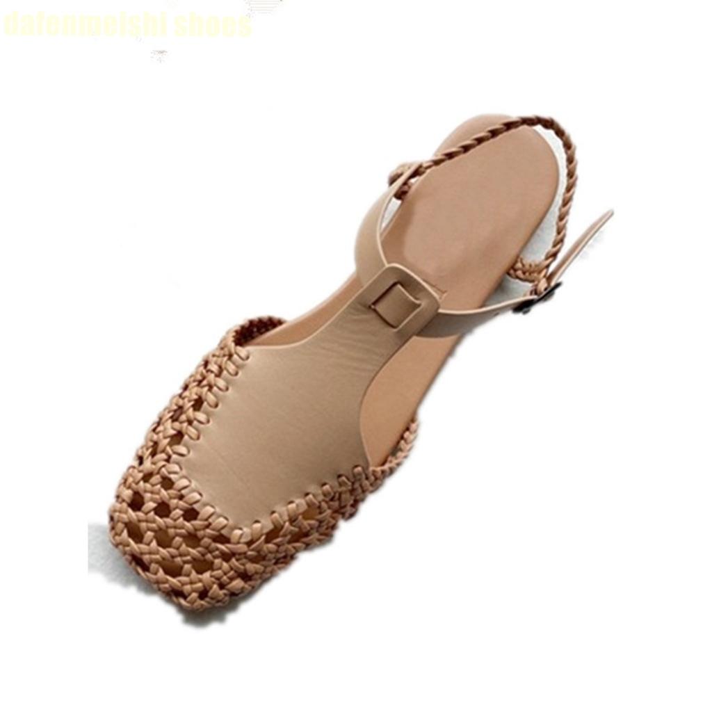 Fashion Flat Genuine Leather Woven Sandals Women's Hemp Rope Square Toe Summer Roman Shoes Singback Solid Color Fashion Shoes