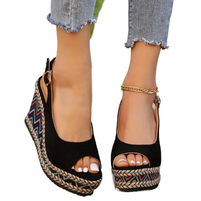 

Модная обувь для женщин 2025 больших размеров с открытым носком женские сандалии летние сандалии на платформе женские туфли на танкетке с ремешком и пряжкой 42 чёрный