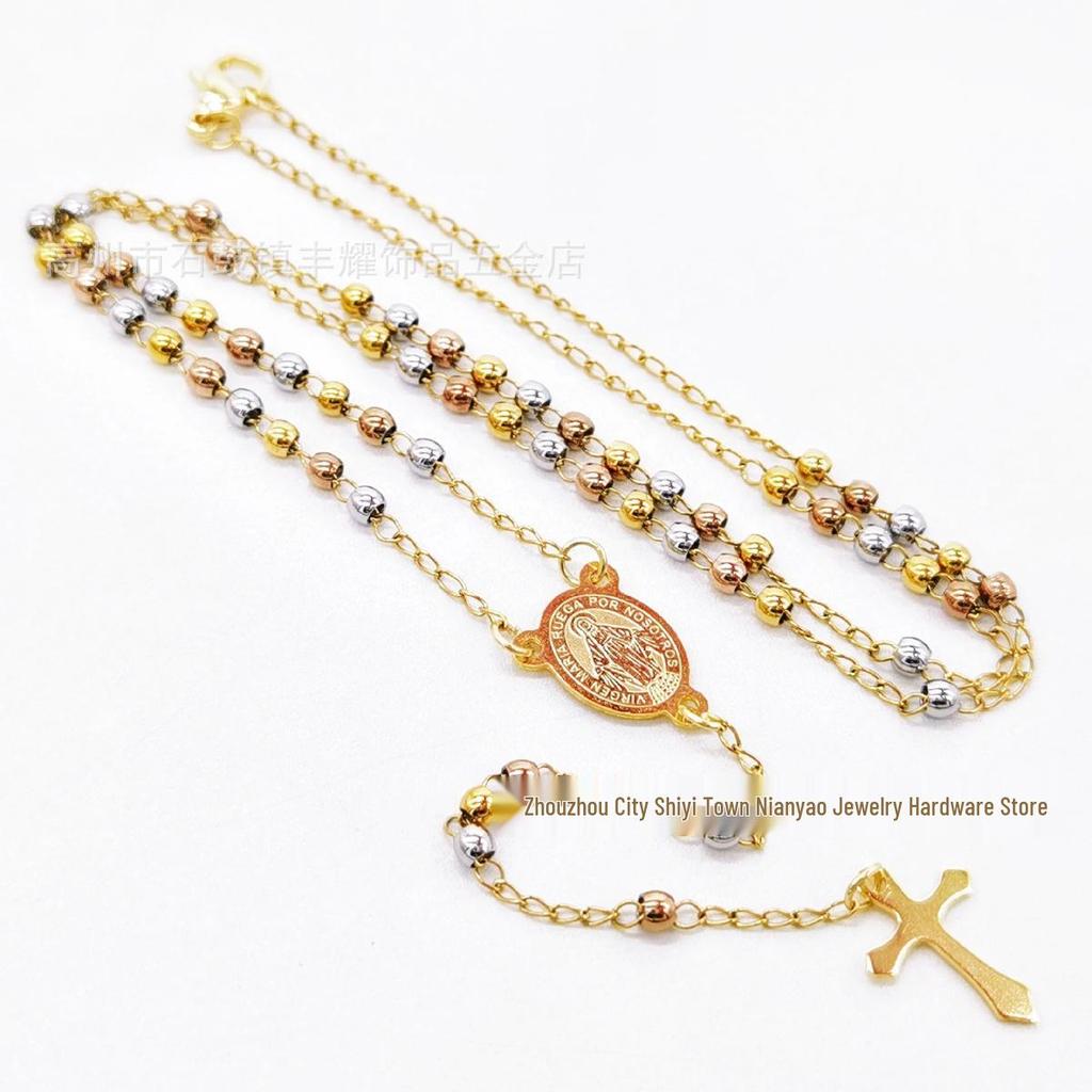 3M Goldene Rose Stahl Halskette: Elegantes dreifarbiges Design mit runden Perlen