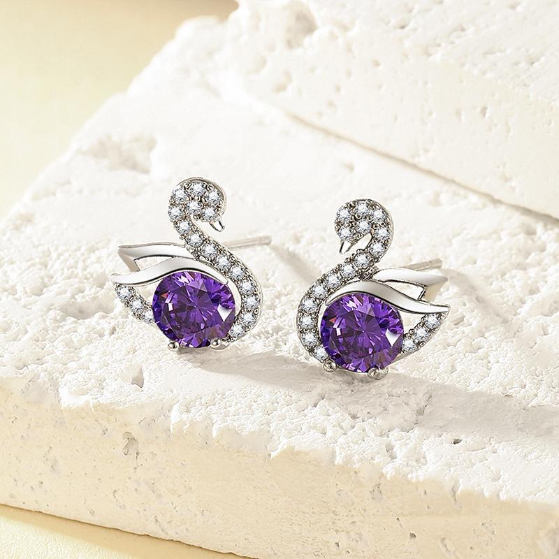 2026 Exquisite Fashion Light Luxury Micro-inlaid Zircon Three-color Swan Set Earrings Niche Simple and Versatile Super Flash Earrings