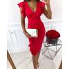 Damen Elegantes V-Ausschnitt Raffung Rüschen Hohe Taille Bodycon Midi Partykleid