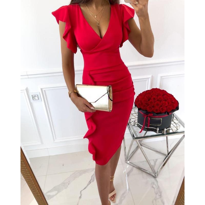 Damen Elegantes V-Ausschnitt Raffung Rüschen Hohe Taille Bodycon Midi Partykleid