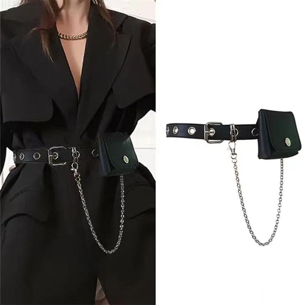Super Cool Black Leather Punk Bag Belt Sweet Design Chain Belt with Bag Ins High Fashion New