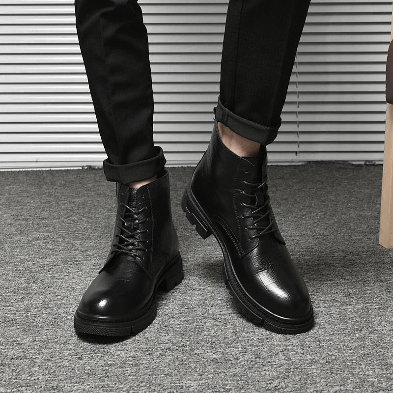 Boots for Mens Fashion Leather Shoes Luxury Brand Ankle Genuine Leather Business Boots Lace-Up Male Thick Soled Shoes High-end