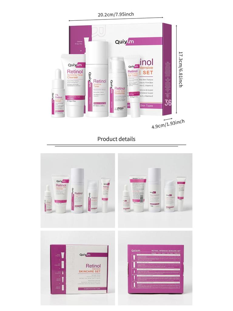 QUIYUM Retinol Hydrerende og Fuktighetsgivende Hudpleiesett – 5 Deler, FDA Godkjent