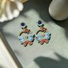 Chinese Style Blue Enamel Butterfly and Flower Vine Dangle Earrings