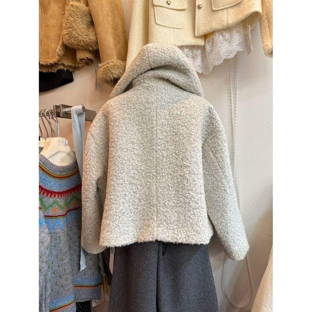 Korean Style Quilted Woolen Hooded Coat with Horn Buttons - Versatile Winter Wear