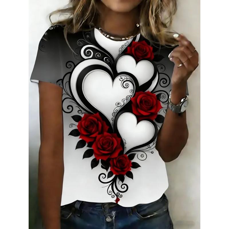 Crew Neck T-shirt Love Short Sleeve Fashion Women's Clothing 3D Love Print Love T-shirt