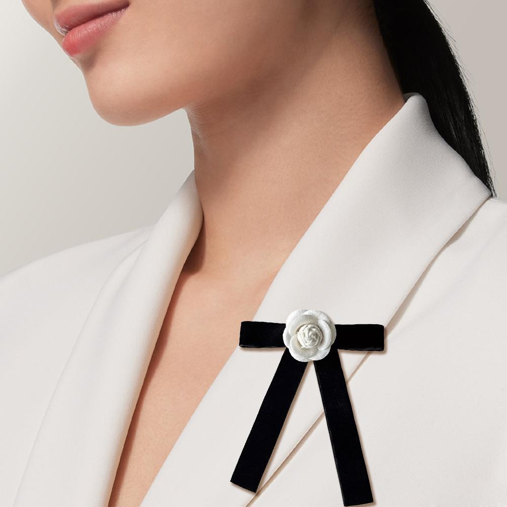 Camellia Flower Brooches Pin Pre-Tied Bowknot Pin Collar Neck Clips Wedding Party Bow Tie Neck Tie Lapel Pins for Women Girls