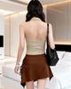 Two-Piece Set: Fitted Halter Neck Backless Top with Irregular Skirt and Wide-Leg Pants.