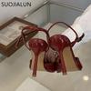 Mode SUOJIALUN 2025 Neue Marke Damen Pumps Schuhe Mode Rote Slingback Schuhe Spitze Zehenpartie Dünner Hoher Absatz Outdoor Kleid Party Pumps
