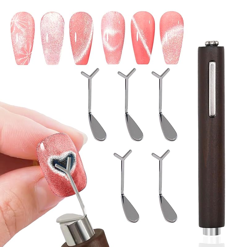 JERCLITY 1 Piece Wooden Handle Cat Eye Magnet for Nails 3 in 1 Cylindrical Nail Art Magnet Powerful Multifunctional Nail Art Magnet for Cat Eye Gel