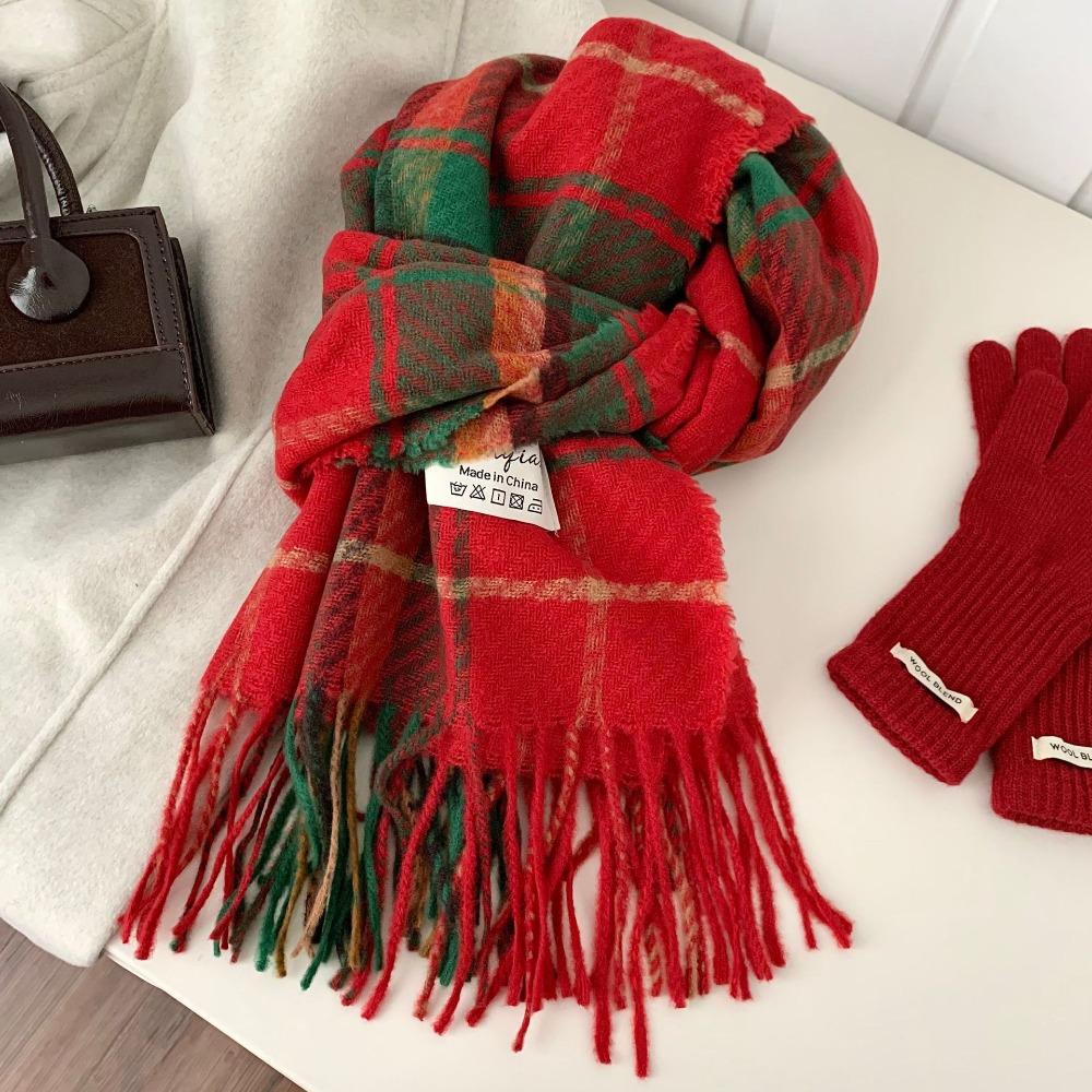 Sweet Winter Knitted Scarves New Year Red Long Shawl Warm Plaid Wool Scarf  Student