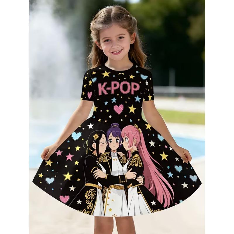 Kpop kreslené grafické šaty pro dívky Vtipný dárek pro fanouška Oblečení pro Harajuku dívky Letní topy Šaty s krátkým rukávem Dětské oblečení