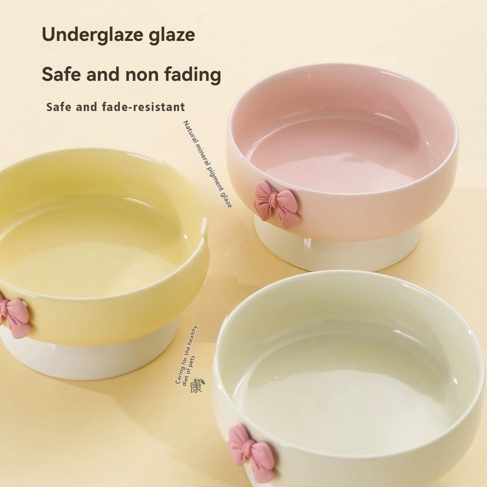 Cute Bow High-Footed Ceramic Cat Bowl, Elevated Pet Food Bowl for Anti-Vomiting, Multiple Colors Available