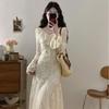 French Elegant Long Sleeve Dress With Knit Fabric And Ruffle Details For Spring Fashion