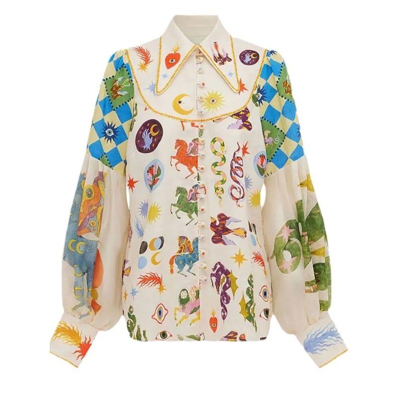 Graffiti Collar Lantern Sleep Shirt Graffiti Printing Lapel Lantern Sleeve Shirt