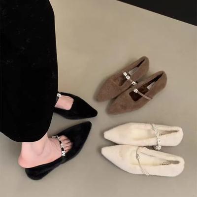 Scarpe Ballerine da Donna in Pelliccia Primavera Autunno Moda Strass Punta Appuntita Ballerine da Donna Comode Calde Scarpe Stile Street