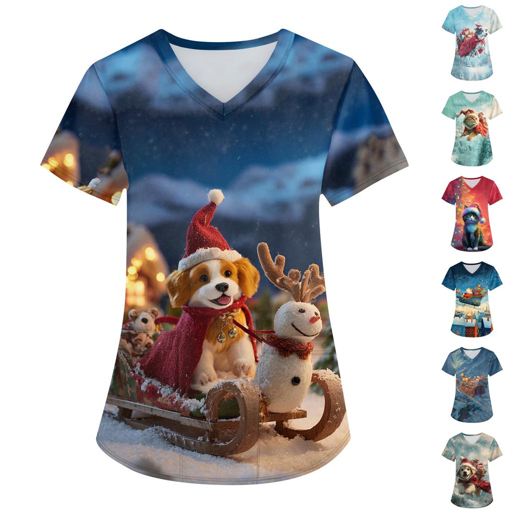 Women's Printing Uniform Work Uniform V-neck Pockets Basic Short Sleeve Pullover Top