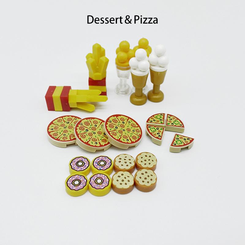 MOC Bausteine Kompatibel mit Lebensmittelmarkt Ausstellungsständer City Bausteine Brot Chips Brathähnchen Meeresfrüchte Obstkorb Spielzeug