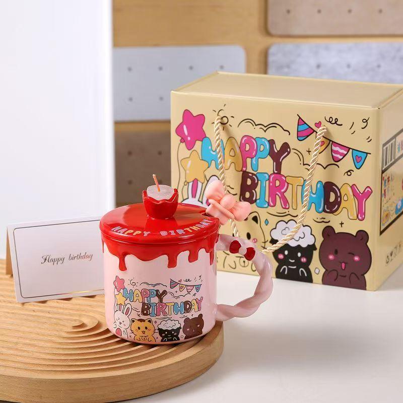 Birthday Candle Water Cup, Cake Gift Ceramic Cup, Birthday Gift Mugs Coffee Cups for Male Girlfriend Drinkware