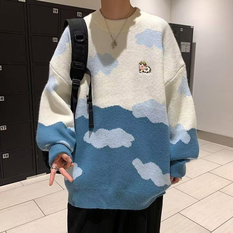 

Harajuku Artistic Long-Sleeved Knitwear Sweater M білий/синій