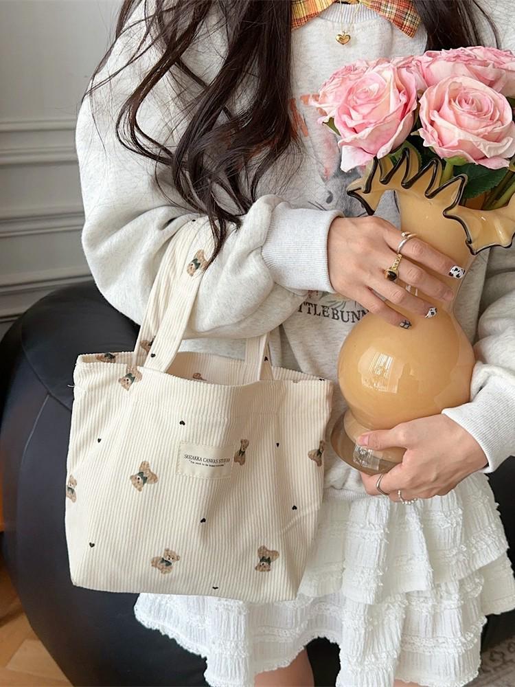 Corduroy Bear Handbag for Women, Outer Carry Bag, Lunch Bag, Student Small Lunch Box