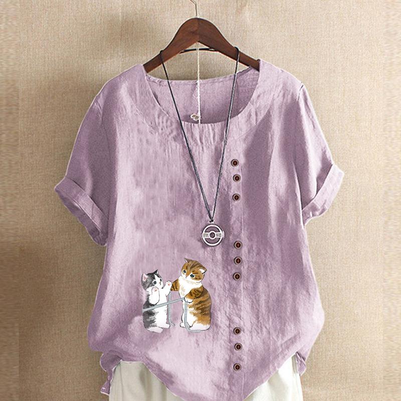 Women's Fashion Round Neck Short Sleeve T-shirt Casual Cotton Linen Graphic Shirt Leisure Loose Tailored Cat Prined Summer Blouse Tops
