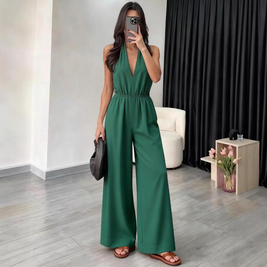 2026 Summer Women's V-neck Halter Jumpsuit: European & American Style, Chic French Fashion