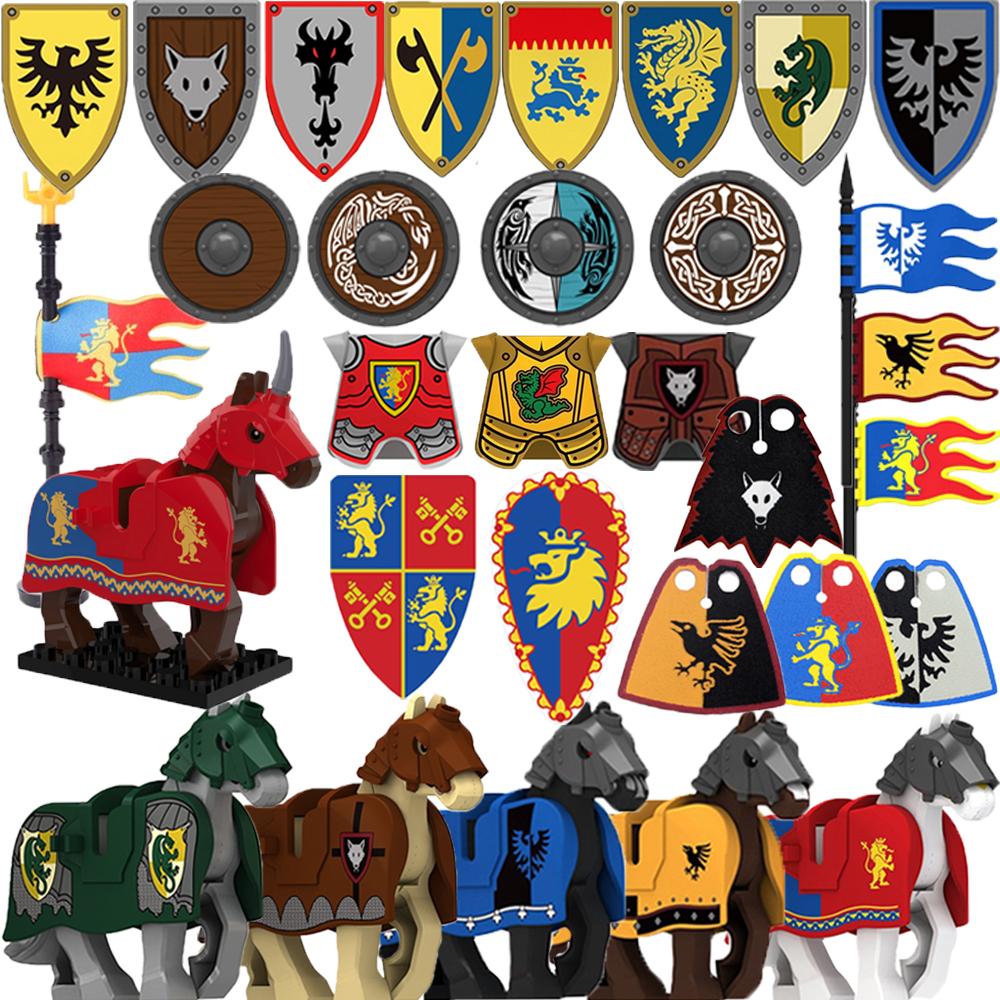 MOC Medieval Building Blocks Character Accessories Shields Armor Vests Warhorses Flags Set Mounts Toy Gifts Compatible Bricks