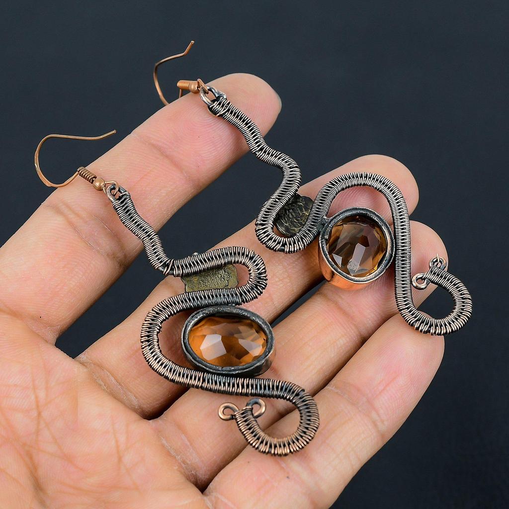 Citrine Earrings, 999 Copper Wire Wrapped Gemstone Jewelry, Handmade Earrings, For Thanksgiving