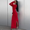 Women's Spring and Summer New Solid Color Long-sleeved Waist Pack Hip Slit Dress for Women's Vacation Style