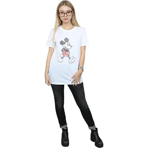 Disney Women's White / Walking Mickey Mouse Cotton Boyfriend T-Shirt L