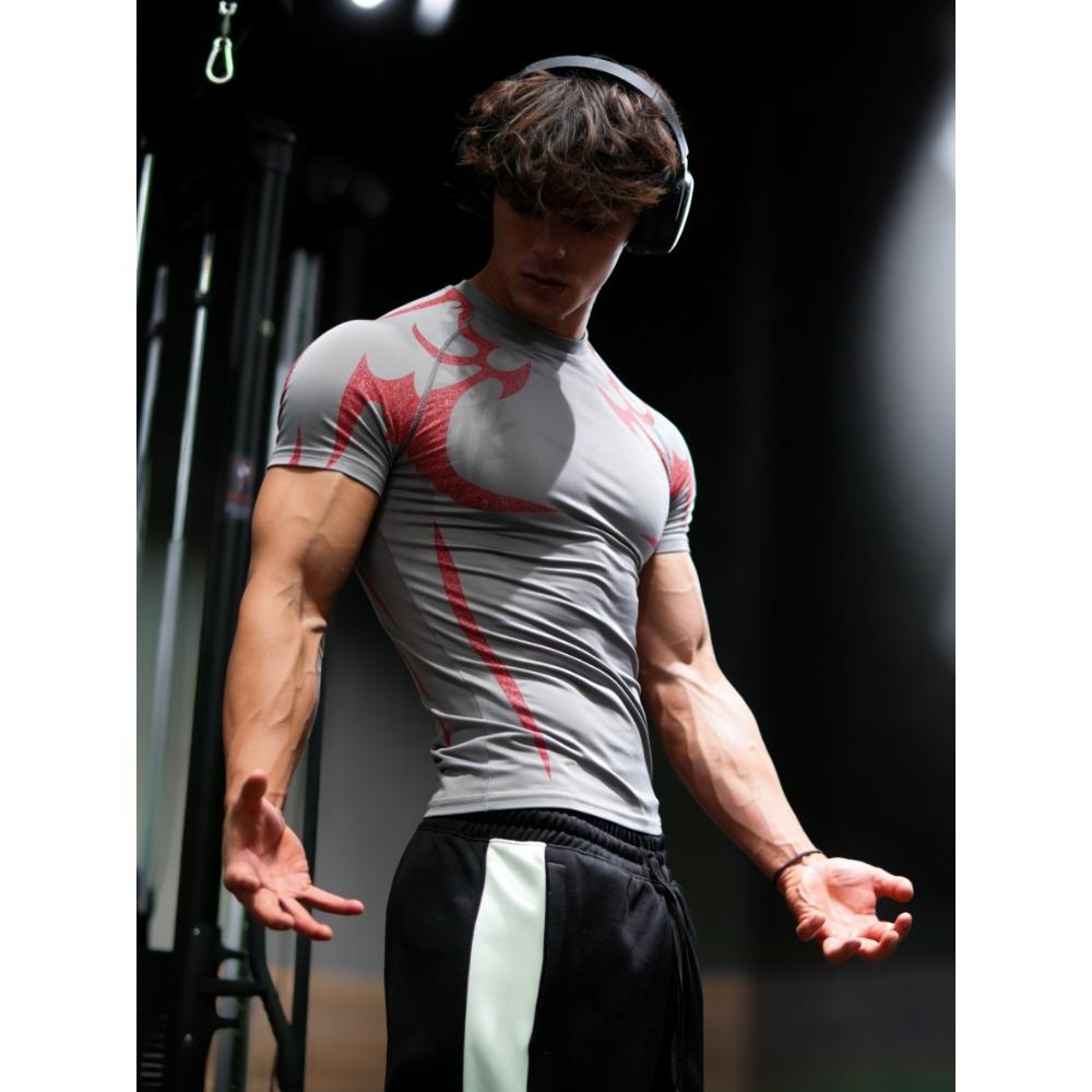 New Sports Printed Short Sleeved Seamless Design Shirt, Fitness T-shirt Suitable for Gym Running Muscles