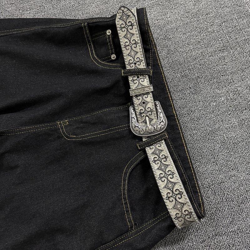 Vintage Western Rivet Belt Silver Carved Metal Buckle Unique Design Simple Belt for Women