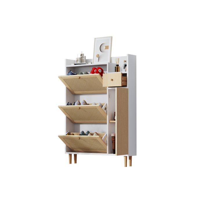 Meuble À Chaussures En Bois Massif Avec 3 Portes Vers Le Haut Et 1 Tiroir - Dimensions : L90/H125/W17cm