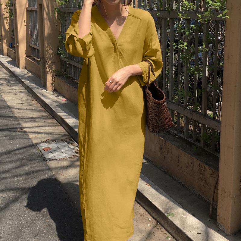 Brandneues 2023 Damen Langarm Baumwoll- und Leinen Abendkleid