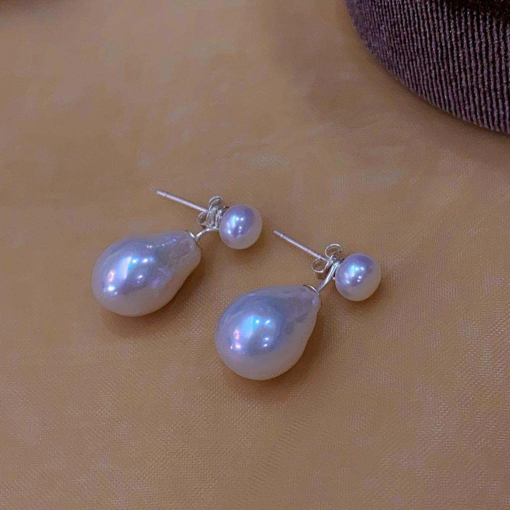 Französisches Design zwei tragen Retro Hepburn natürliche Süßwasserperle Ganzkörper 925 schlichtes Silber Silbernadel Ohrstecker Damen Ohrstecker