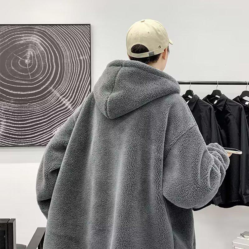 Unisex Trendy Hooded Lambskin Jacket with Plus Velvet for Autumn/Winter - Casual Warmth for Couples