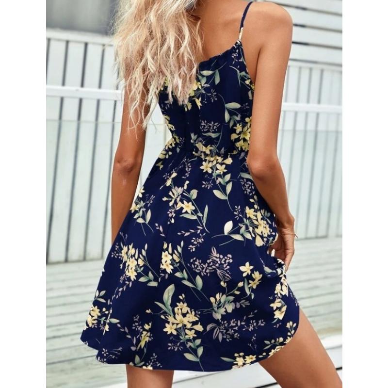 Women's Summer Floral Print Spaghetti Strap Mini Dress Tie Front Elastic Waist Sleeveless Casual Beach Sundress