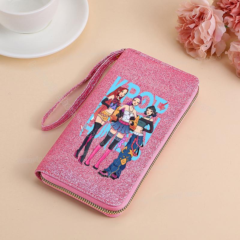 Vysoce kvalitní KPop Lovci démonů Dlouhá peněženka Dámské peněženky na zip Sequin Bling Koženka Kapsa na mince Držák na ID Kartu Dámské Clutch Peněženky