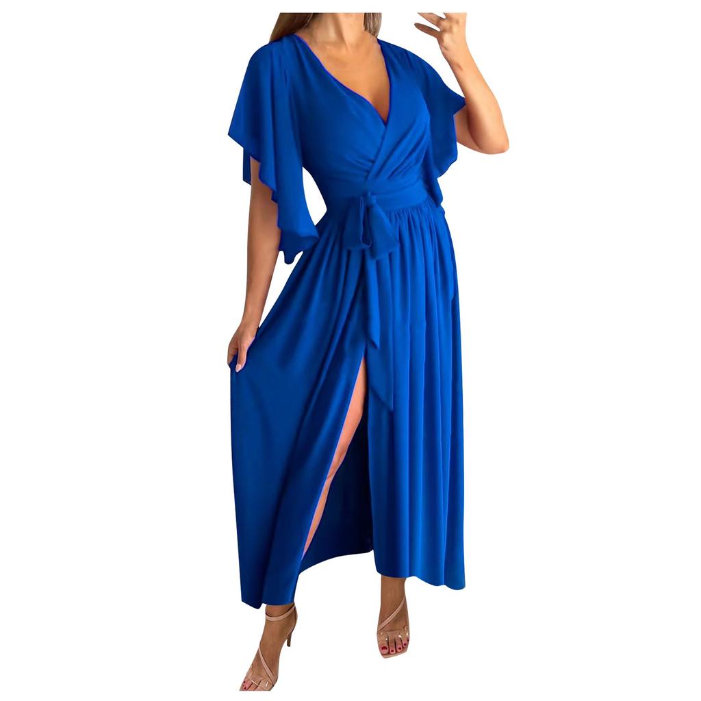 Women's Casual Color Irregular Flared Sleeves Loose V Neck Long Dress