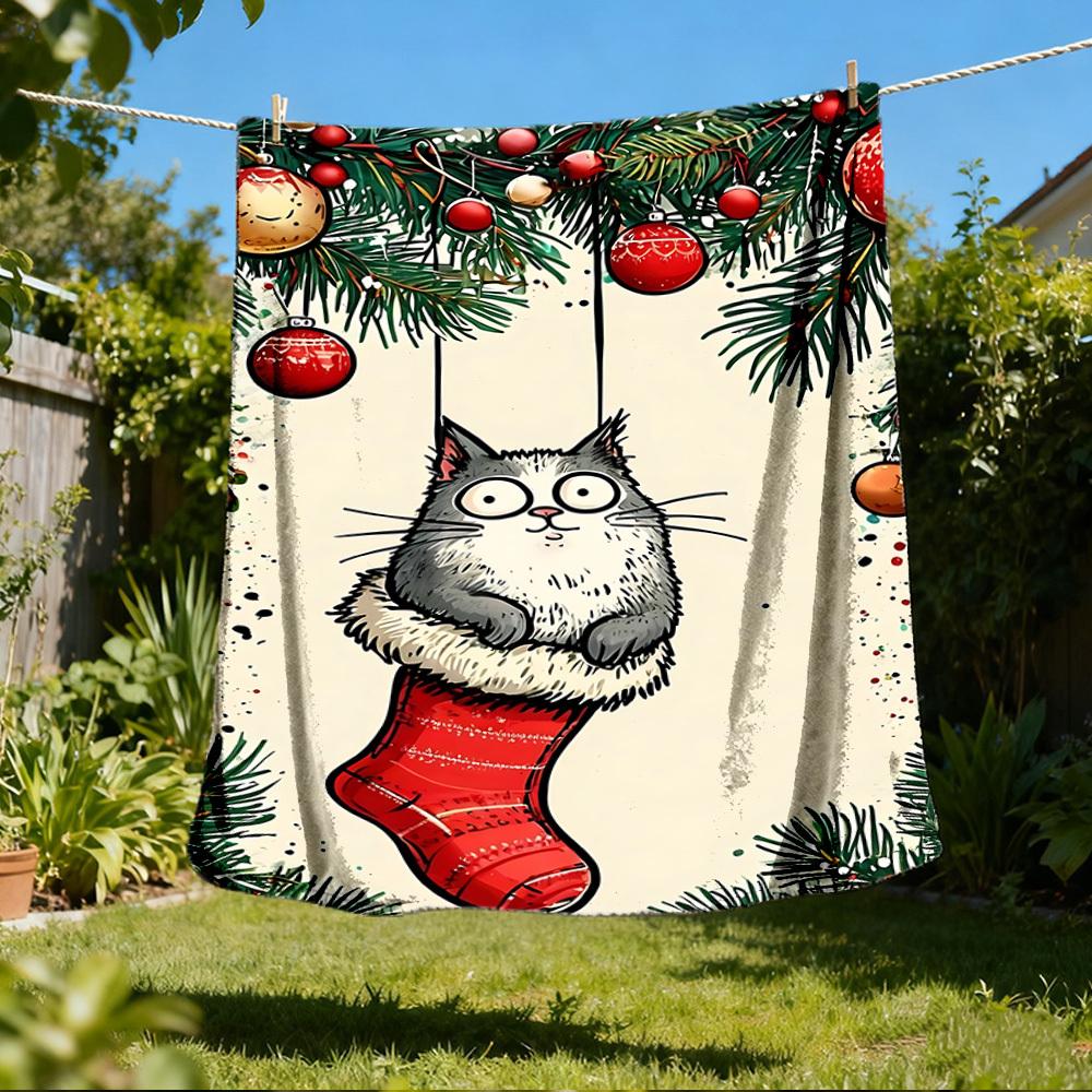 

1pc Christmas stocking cat Outdoor Soft Polyester Flannel Throw Blanket Versatile for All Seasons , Soft , Cozy , Warm All Season Quilted Throw , 80x120cm