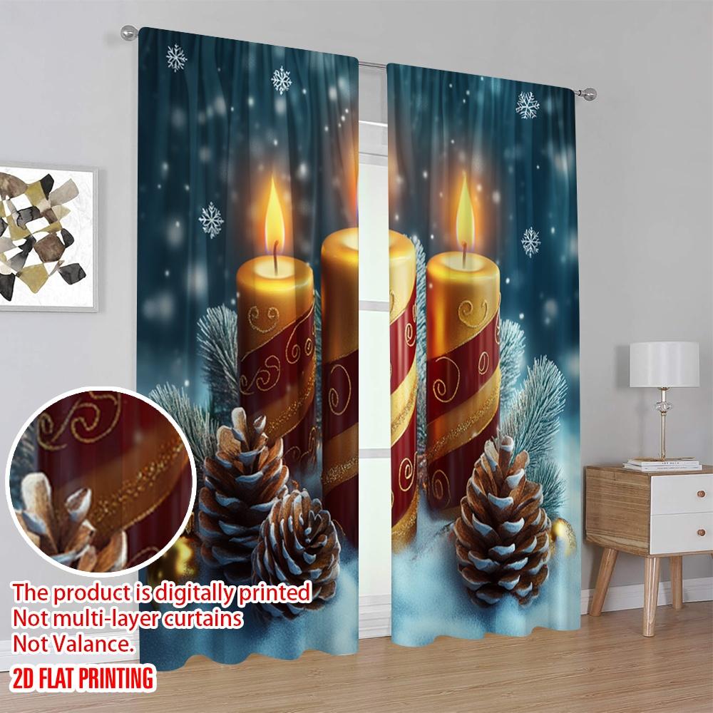 2pcs,2D Plane Printing Popular Curtains Christmas Candles Pine Cones (2) Versatile Durable Polyester (without Rod) Room Decor