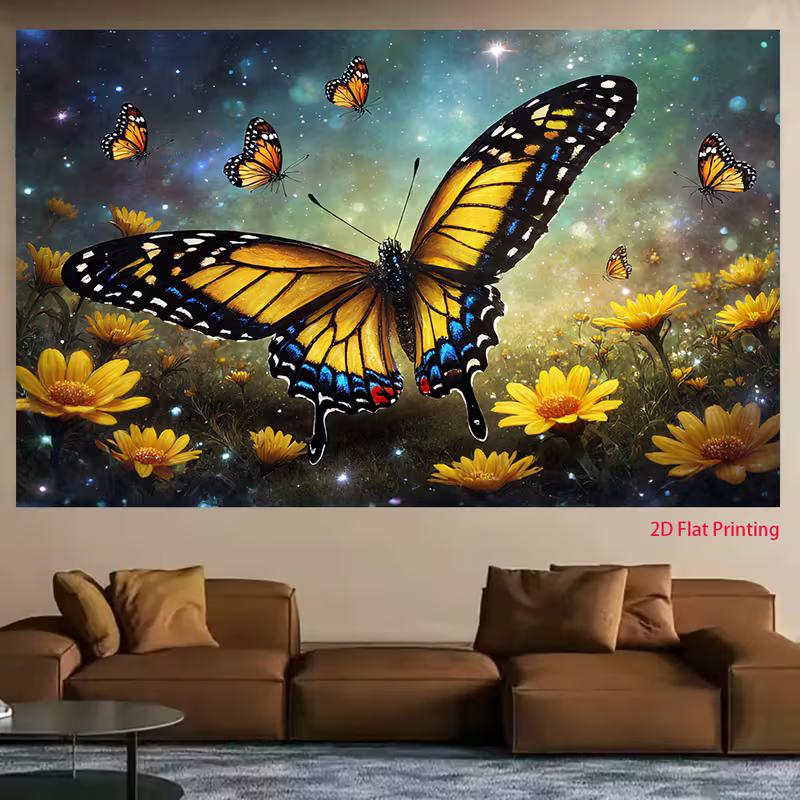 2D Nature Butterfly Tapestry, Monarch & Yellow Flower Galaxy Wall Decor