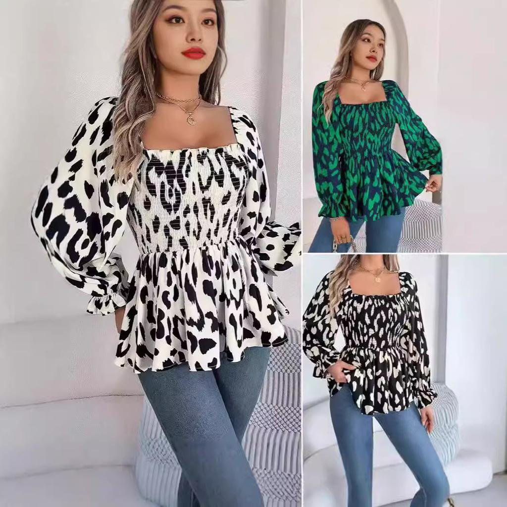 Spring and Autumn Women's Casual Floral Tie Long Sleeve Wooden Ear Blouse