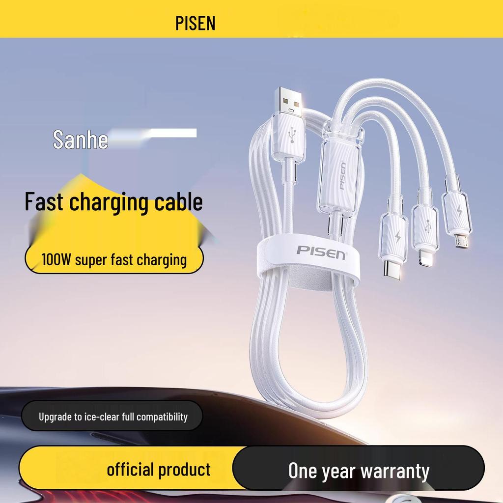 PISEN 100W 3-in-1 Fast Charging Cable, 6A for Apple and Huawei Devices
